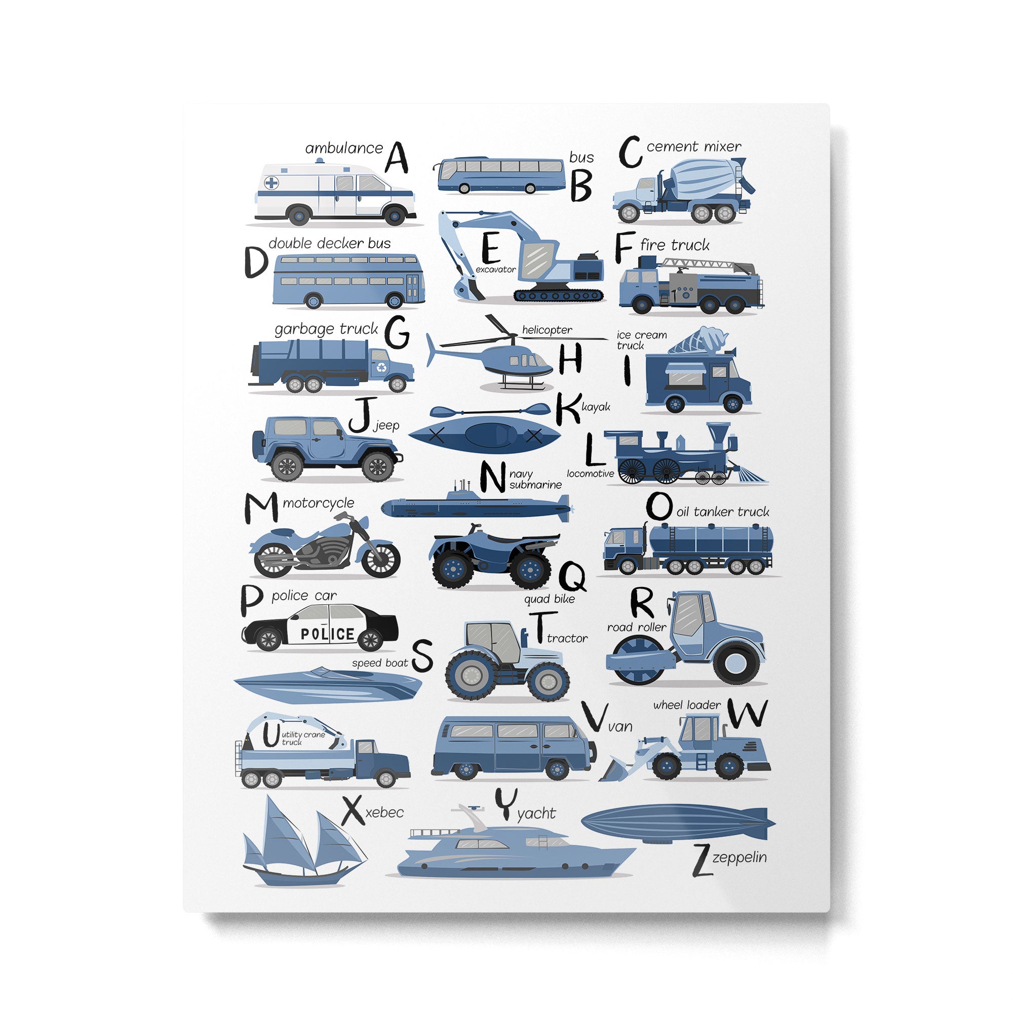 Transportation Alphabet in Blue  Metal Print Gallery Image 4