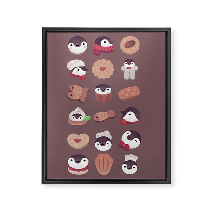 Cookie & cream & penguin - brown  pattern Framed Canvas Print Gallery Image 1