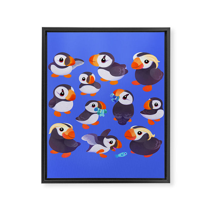 Happy puffin - blue Framed Canvas Print Gallery Image 1
