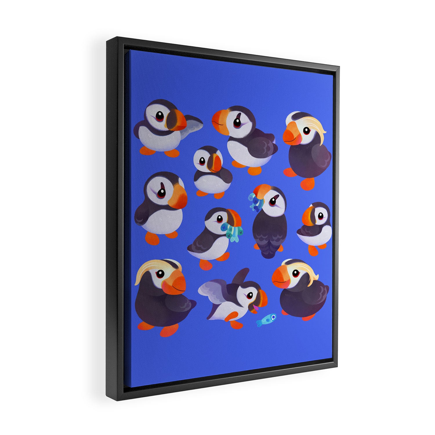 Happy puffin - blue Framed Canvas Print Gallery Image 2