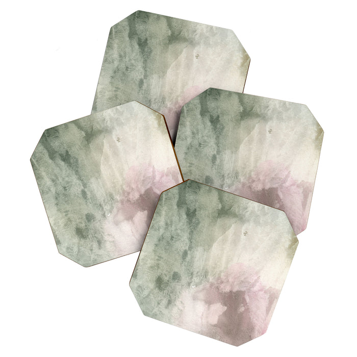 Abstract blush pink green white watercolor brushstrokes Coaster Gallery Image 1