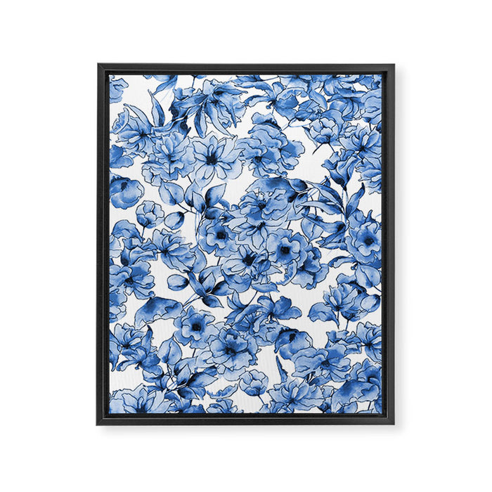 Abstract watercolor navy blue white floral illustration Framed Canvas Print Gallery Image 1