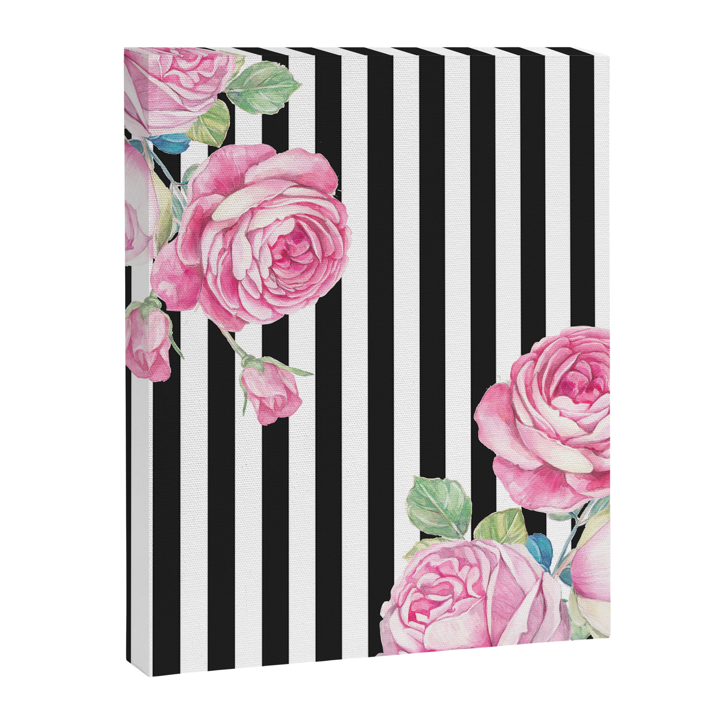 Black white blush pink watercolor floral stripes Canvas Print Gallery Image 8