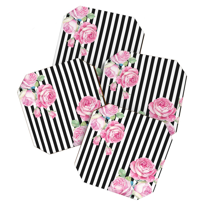 Black white blush pink watercolor floral stripes Coaster Gallery Image 1