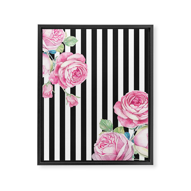 Black white blush pink watercolor floral stripes Framed Canvas Print Gallery Image 8