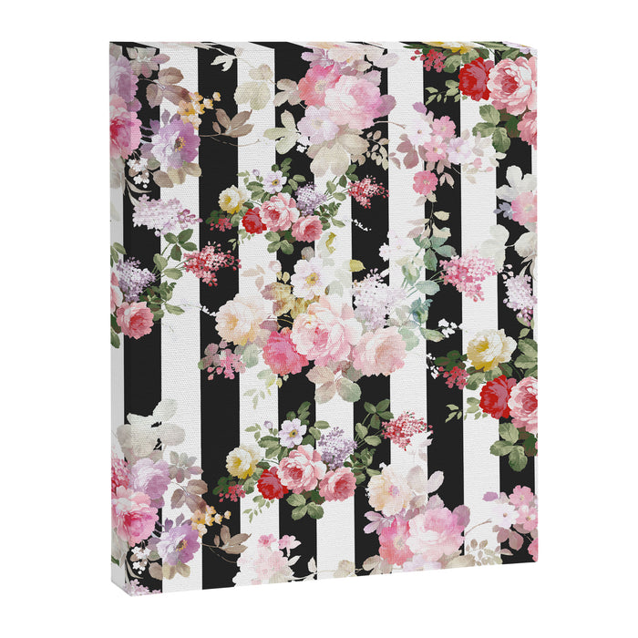 Bold pink watercolor roses floral black white stripes Canvas Print Gallery Image 1