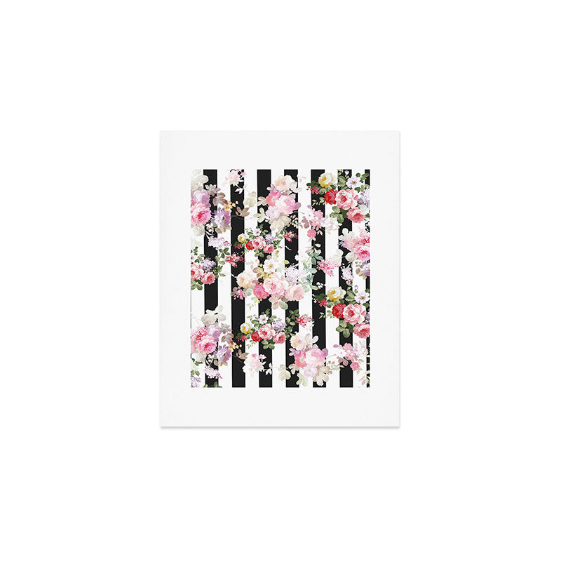 Bold pink watercolor roses floral black white stripes Art Print Gallery Image 1