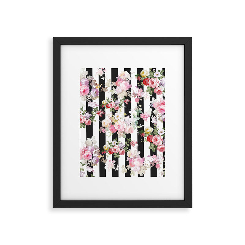 Bold pink watercolor roses floral black white stripes Framed Art Print Gallery Image 6