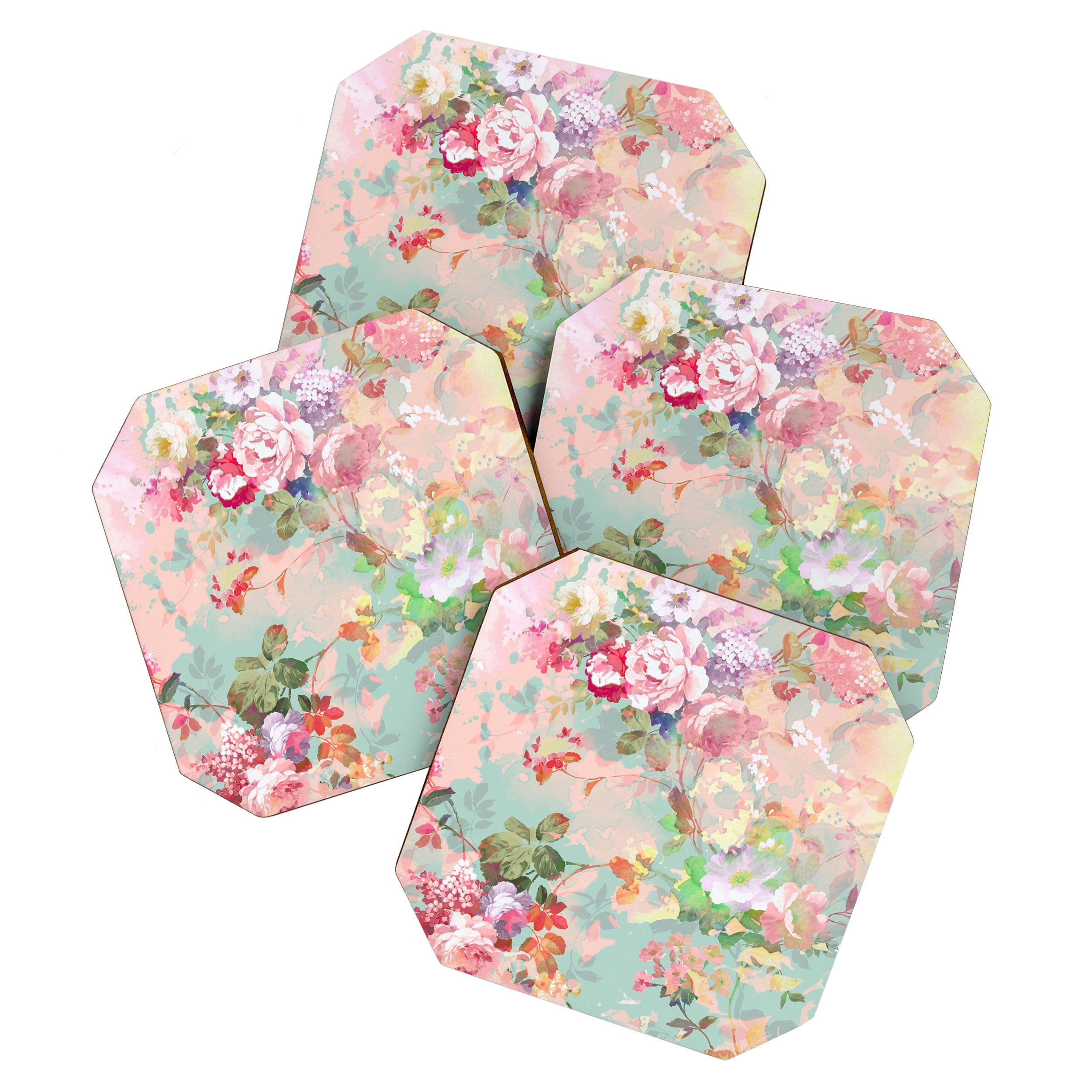 Botanical neo mint pink abstract watercolor floral pattern Coaster Gallery Image 1