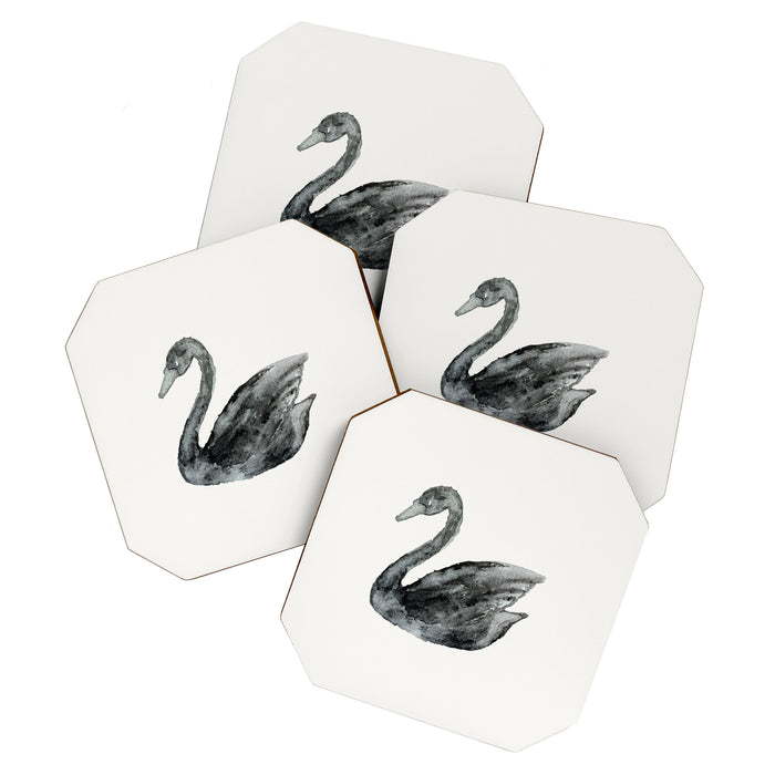 Elegant black white hand painted watercolor swan Coaster Gallery Image 1
