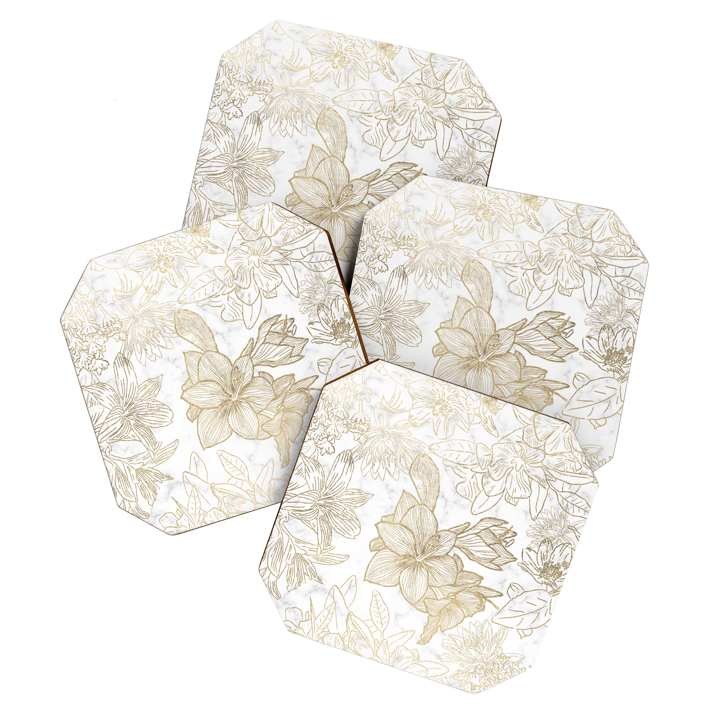Elegant modern white faux gold marble floral Coaster Gallery Image 1