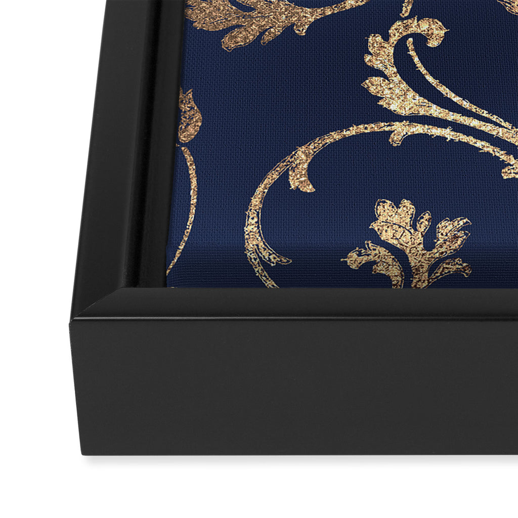 Elegant navy blue gold glitter floral damask Framed Canvas Print Gallery Image 3
