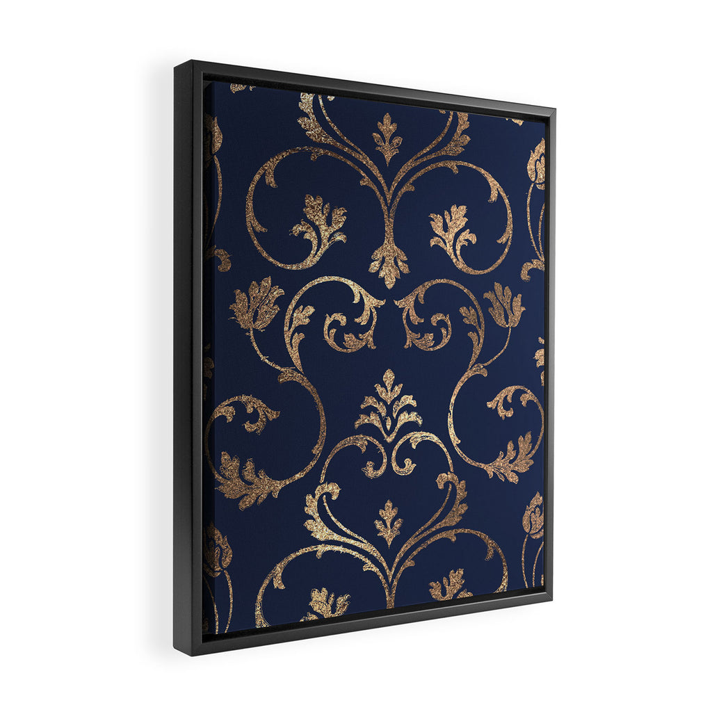 Elegant navy blue gold glitter floral damask Framed Canvas Print Gallery Image 2