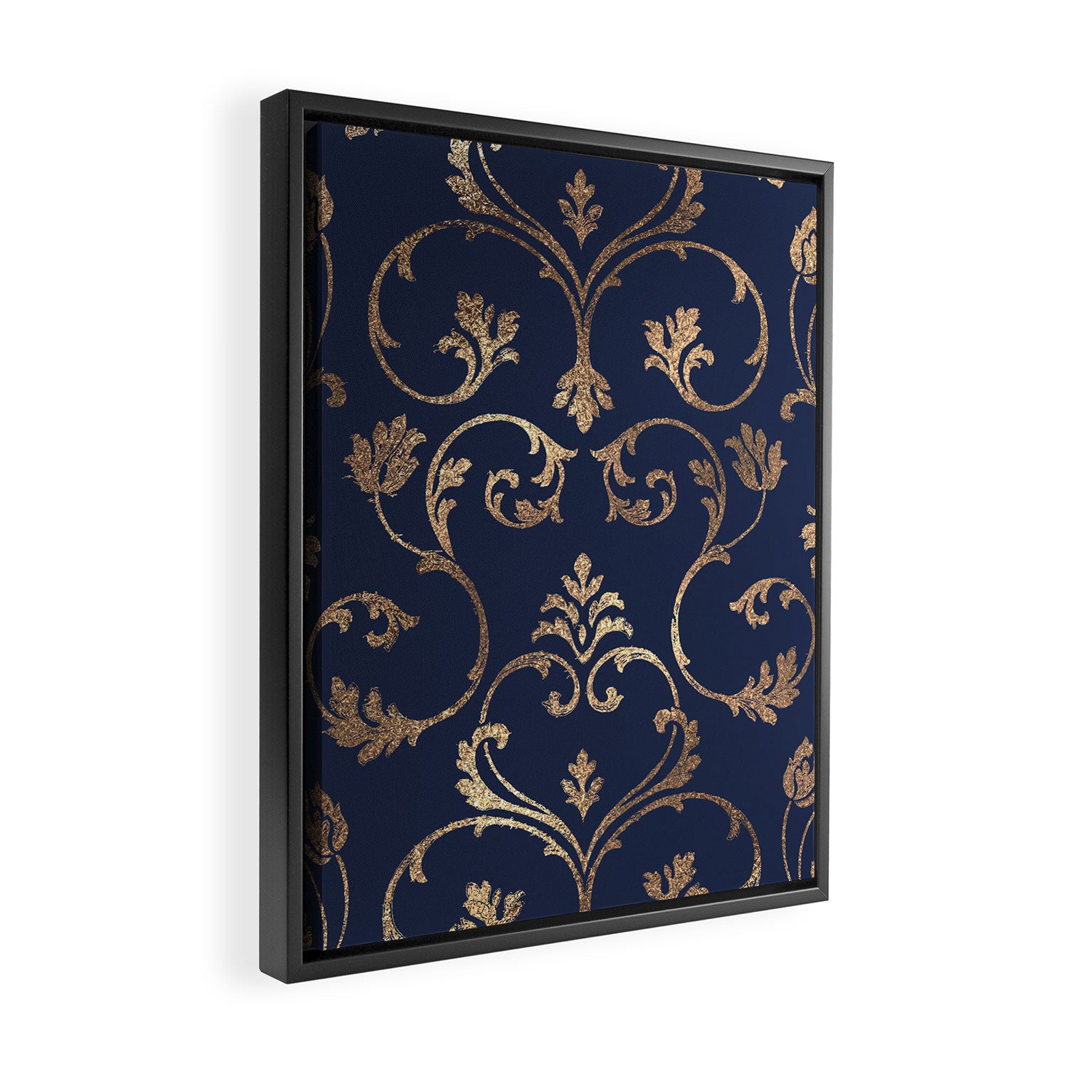 Elegant navy blue gold glitter floral damask Framed Canvas Print Gallery Image 2