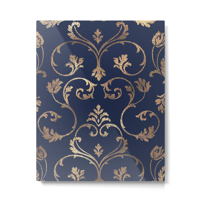 Elegant navy blue gold glitter floral damask Metal Print Gallery Image 1