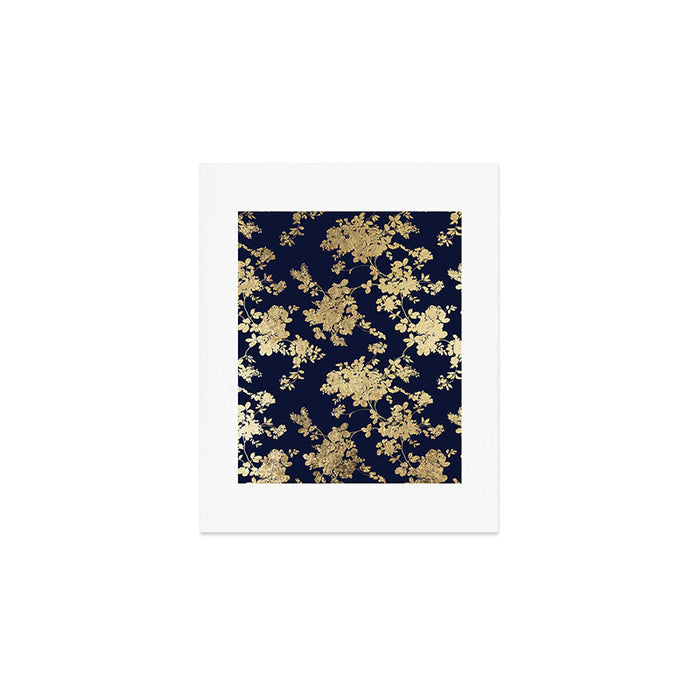 Elegant vintage navy blue faux gold flowers Art Print Gallery Image 1
