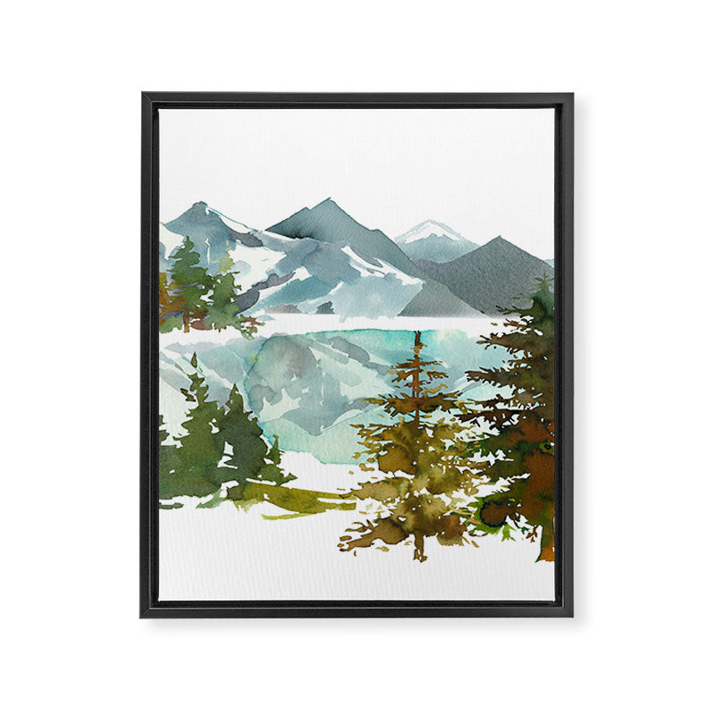 Forest green teal blue watercolor hand painted landscape Framed Canvas Print Gallery Image 8