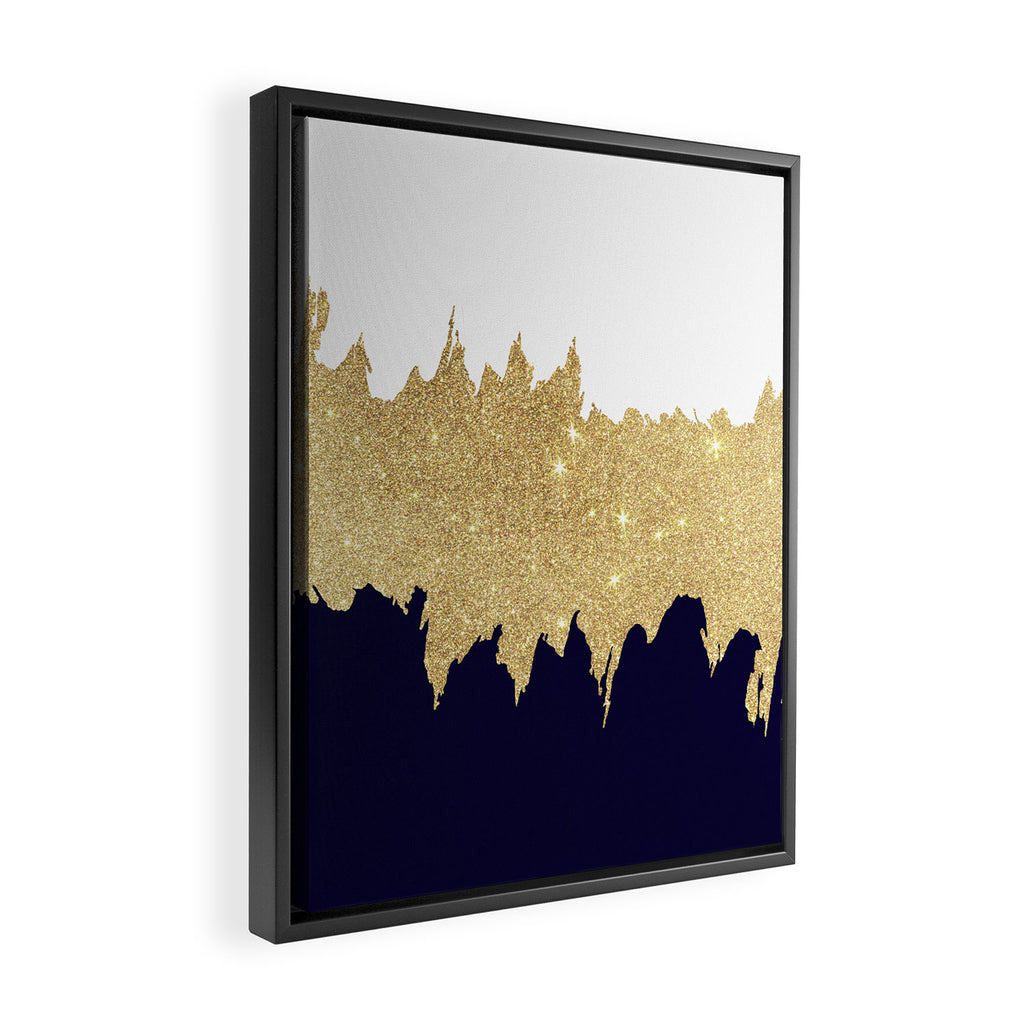 Modern navy blue white faux gold glitter brushstrokes Framed Canvas Print Gallery Image 2
