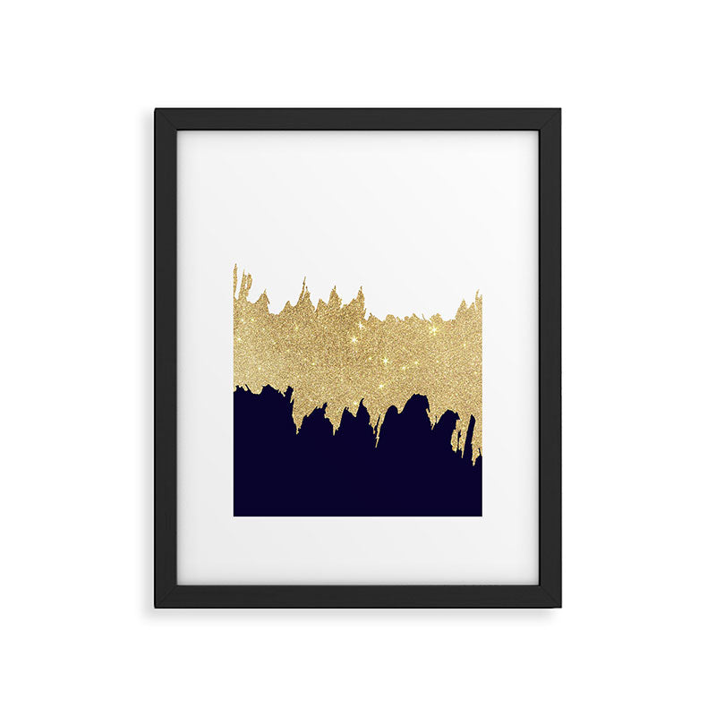 Modern navy blue white faux gold glitter brushstrokes Framed Art Print Gallery Image 6