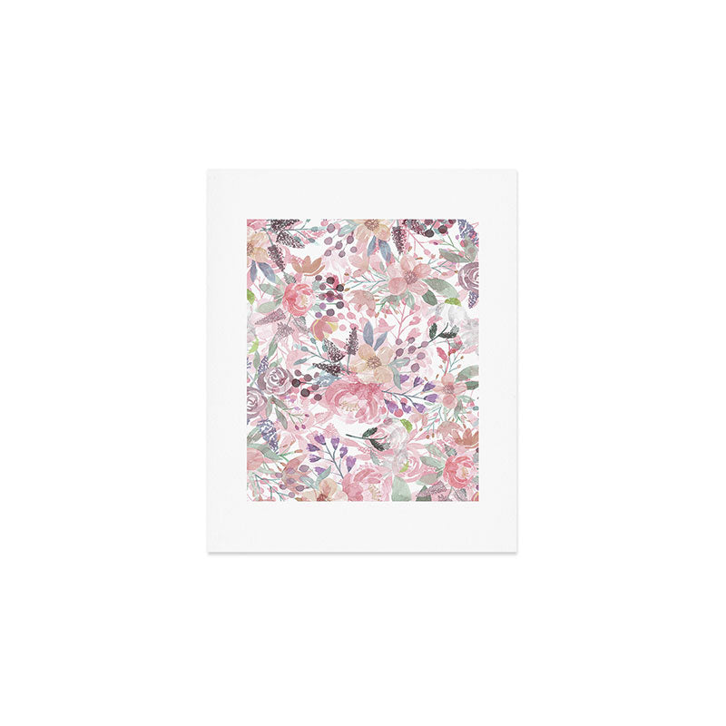 Pastel pink coral green watercolor flowers Art Print Gallery Image 1