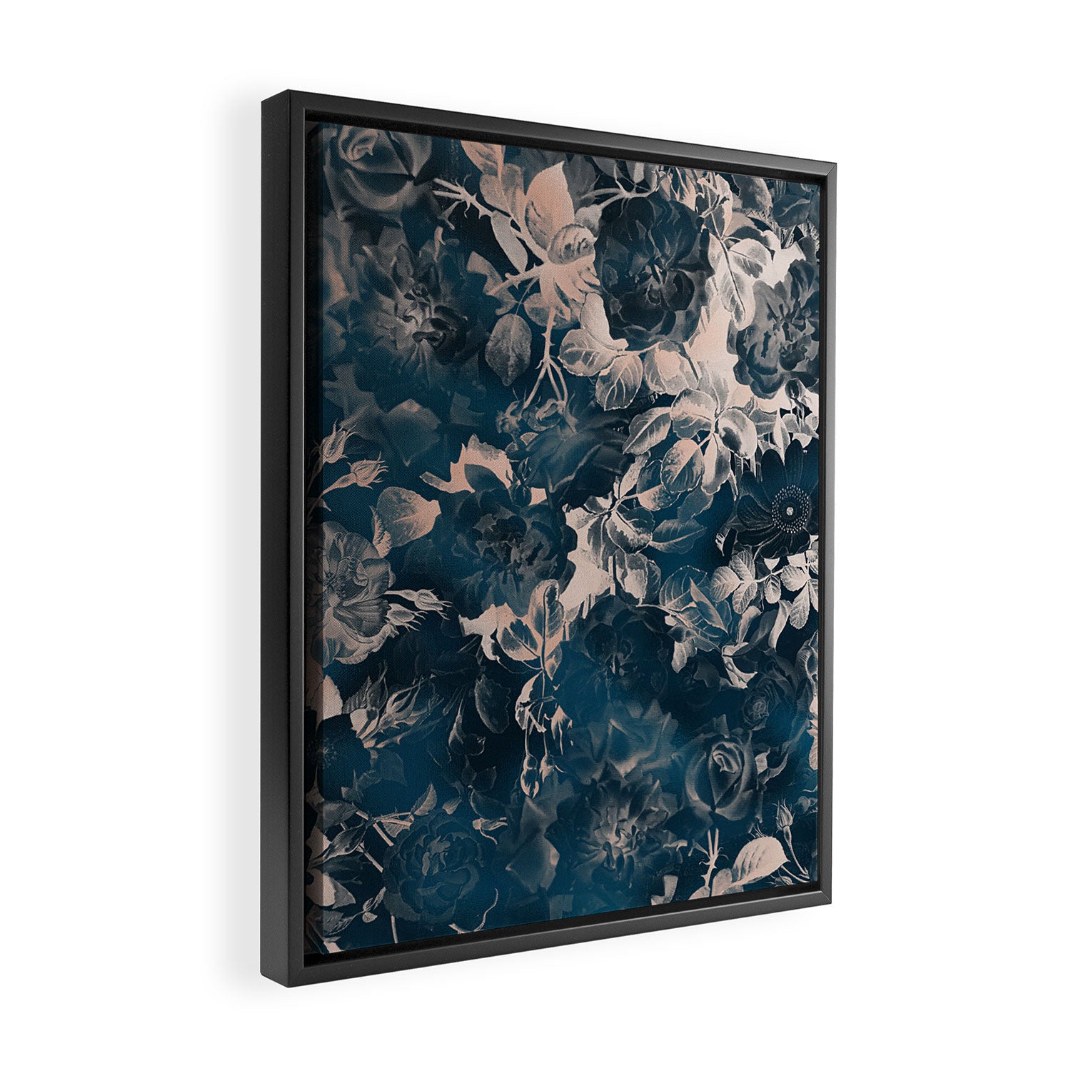 Rustic modern navy blue white gradient floral Framed Canvas Print Gallery Image 2