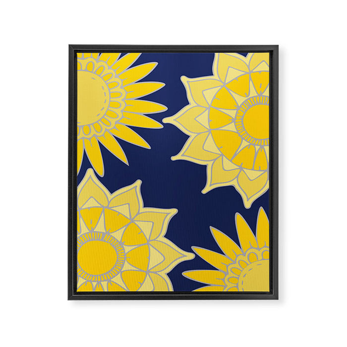Sunshine yellow navy blue abstract floral mandala Framed Canvas Print Gallery Image 1