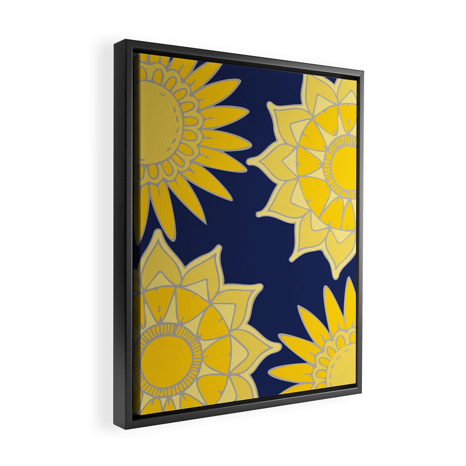 Sunshine yellow navy blue abstract floral mandala Framed Canvas Print Gallery Image 2