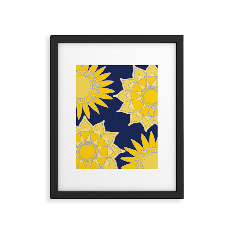 Sunshine yellow navy blue abstract floral mandala Framed Art Print Gallery Image 6