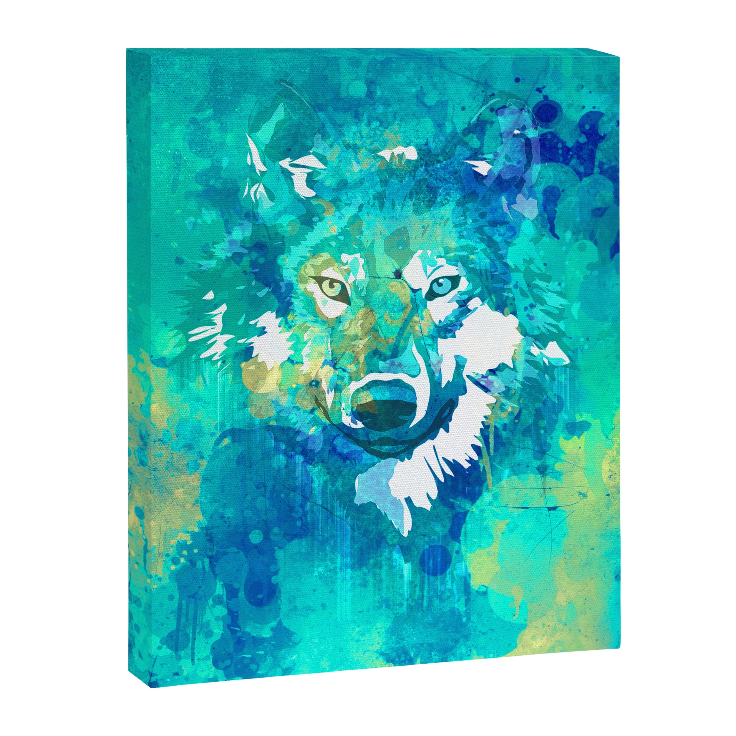 Teal yellow hand painted watercolor wolf Canvas Print Gallery Image 8