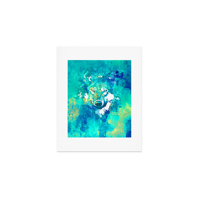 Teal yellow hand painted watercolor wolf Art Print Gallery Image 1