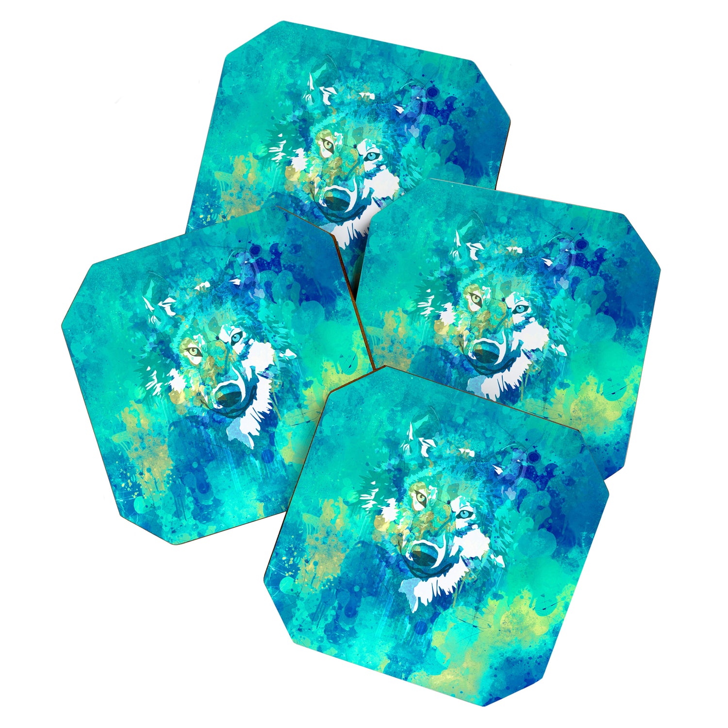 Teal yellow hand painted watercolor wolf Coaster Gallery Image 1