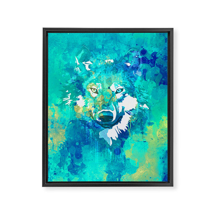 Teal yellow hand painted watercolor wolf Framed Canvas Print Gallery Image 1