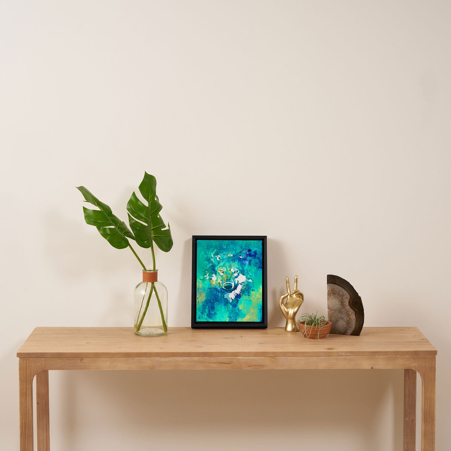 Teal yellow hand painted watercolor wolf Framed Canvas Print Gallery Image 4