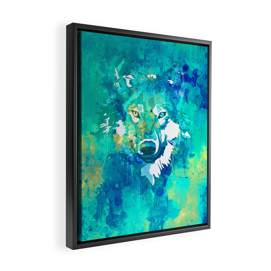 Teal yellow hand painted watercolor wolf Framed Canvas Print Gallery Image 2