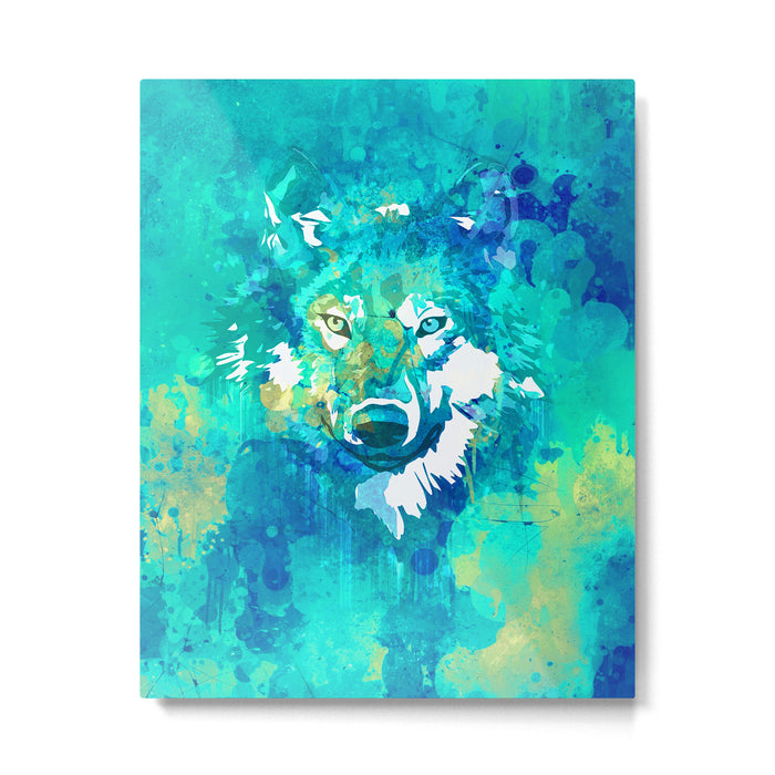 Teal yellow hand painted watercolor wolf Metal Print Gallery Image 1