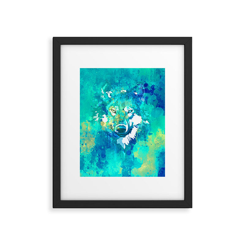 Teal yellow hand painted watercolor wolf Framed Art Print Gallery Image 6