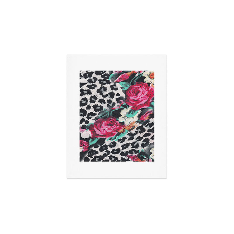 Vintage black white pink floral cheetah animal print Art Print Gallery Image 1