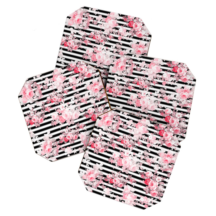 Vintage blush pink floral black white stripes Coaster Gallery Image 1