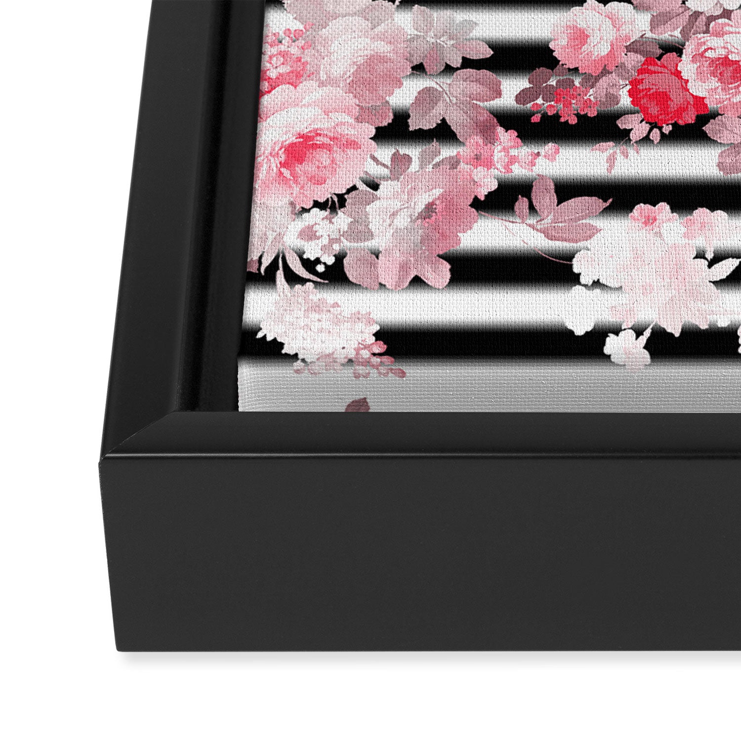Vintage blush pink floral black white stripes Framed Canvas Print Gallery Image 3