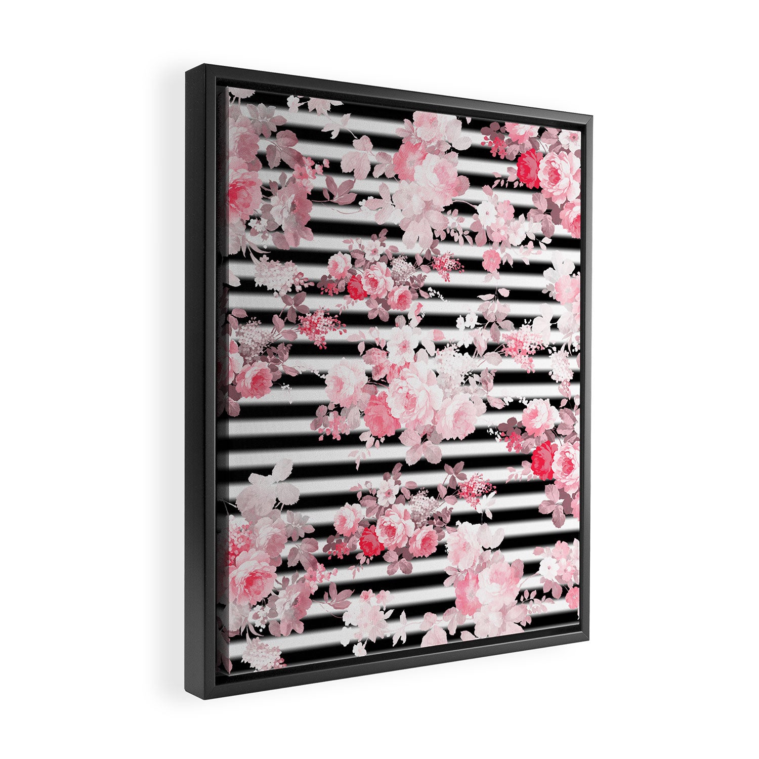 Vintage blush pink floral black white stripes Framed Canvas Print Gallery Image 2