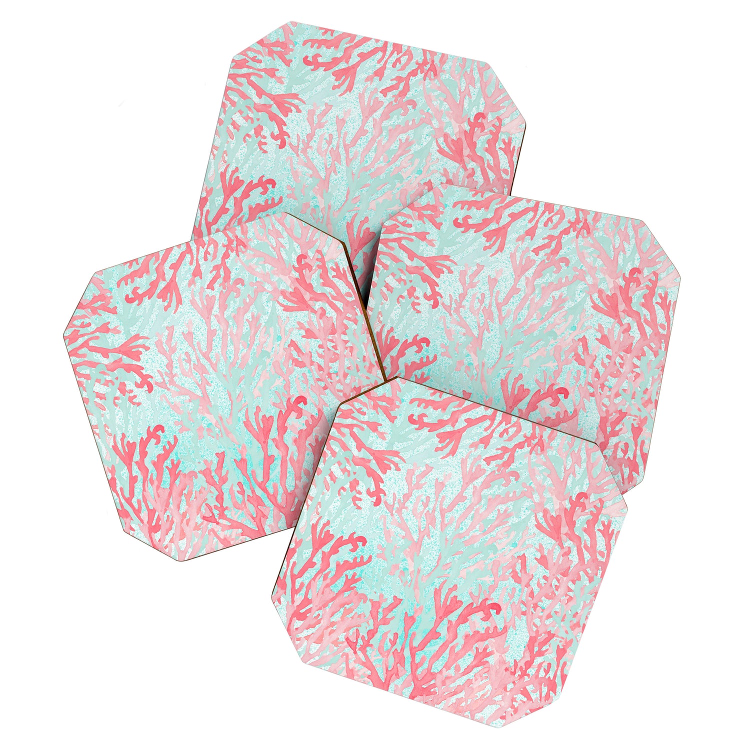 Watercolor hand painted coral pink teal reef coral floral Coaster Gallery Image 1