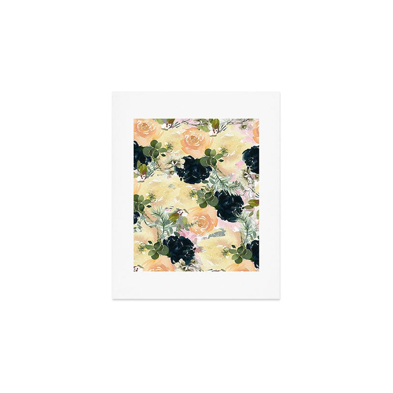 Watercolor navy blue ivory orange pink green floral Art Print Gallery Image 1