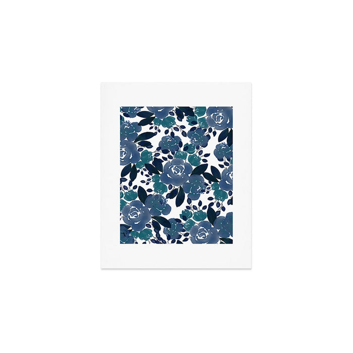 Watercolor navy blue mauve green blue roses flowers Art Print Gallery Image 1