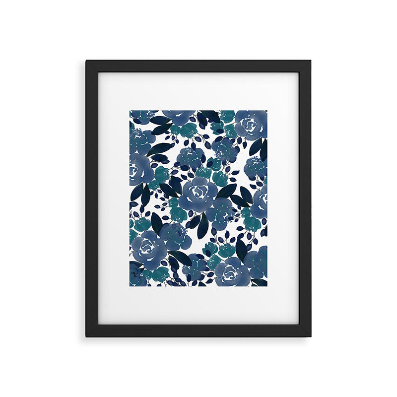 Watercolor navy blue mauve green blue roses flowers Framed Art Print Gallery Image 6