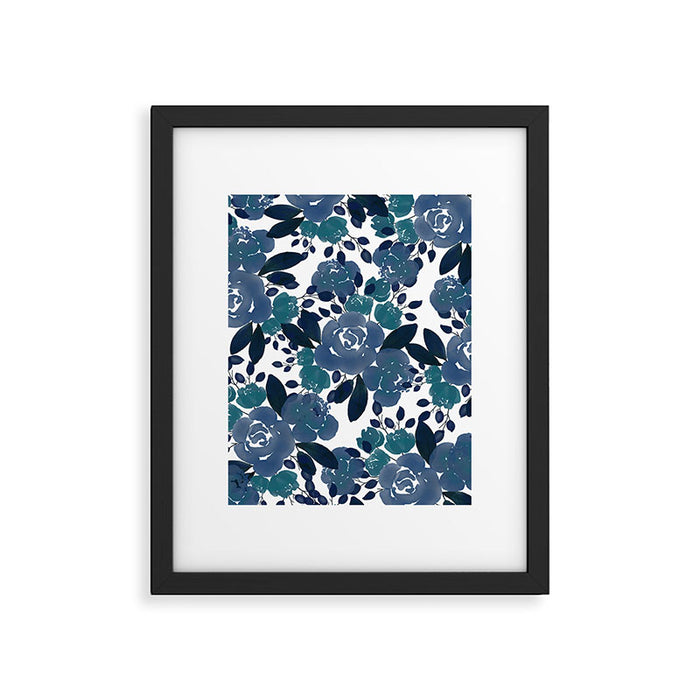 Watercolor navy blue mauve green blue roses flowers Framed Art Print Gallery Image 1