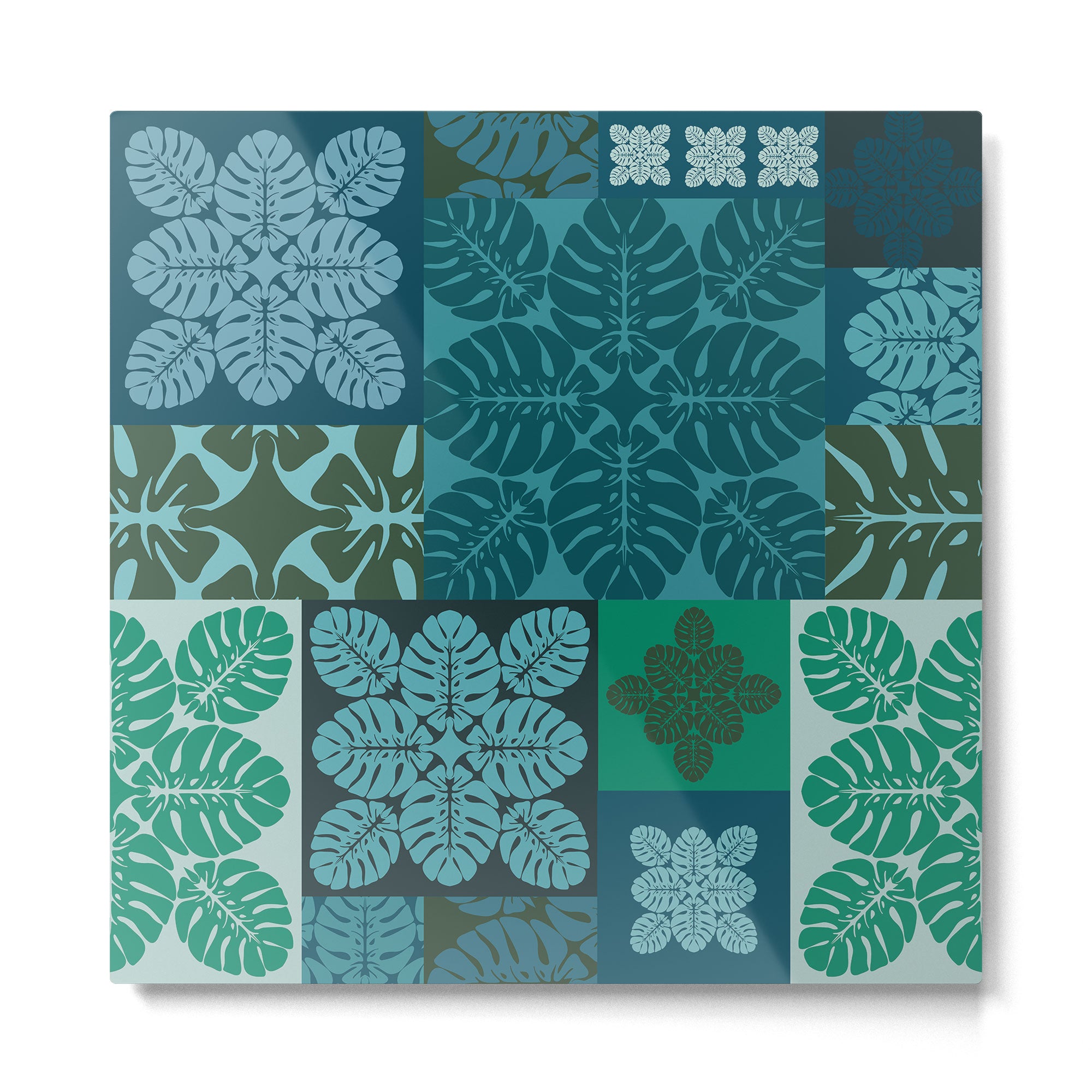 Hawaiian Monstera Quilt pattern Blues Metal Print Gallery Image 2