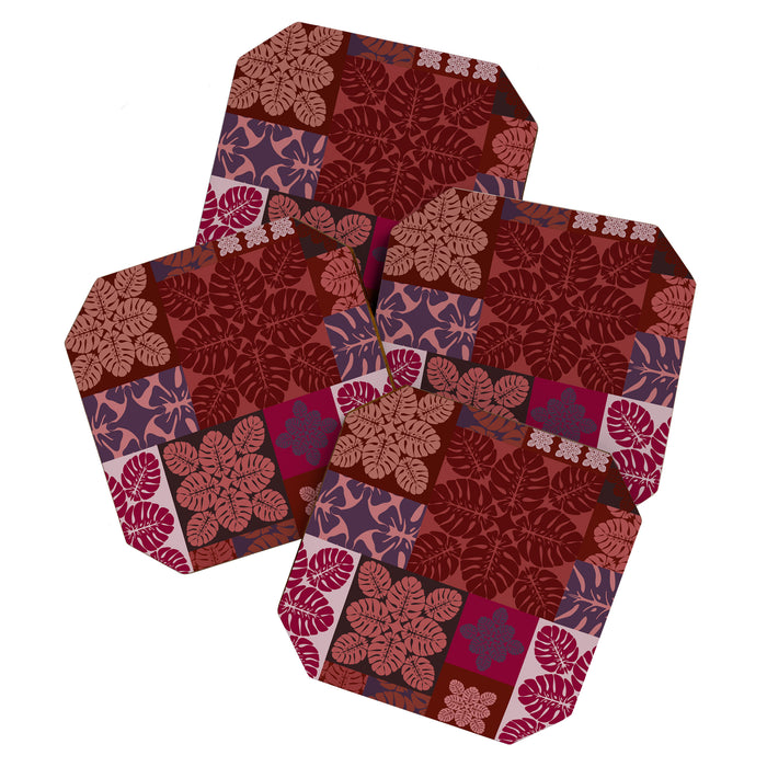 Hawaiian quilt Monstera pattern in maroon Coaster Gallery Image 1