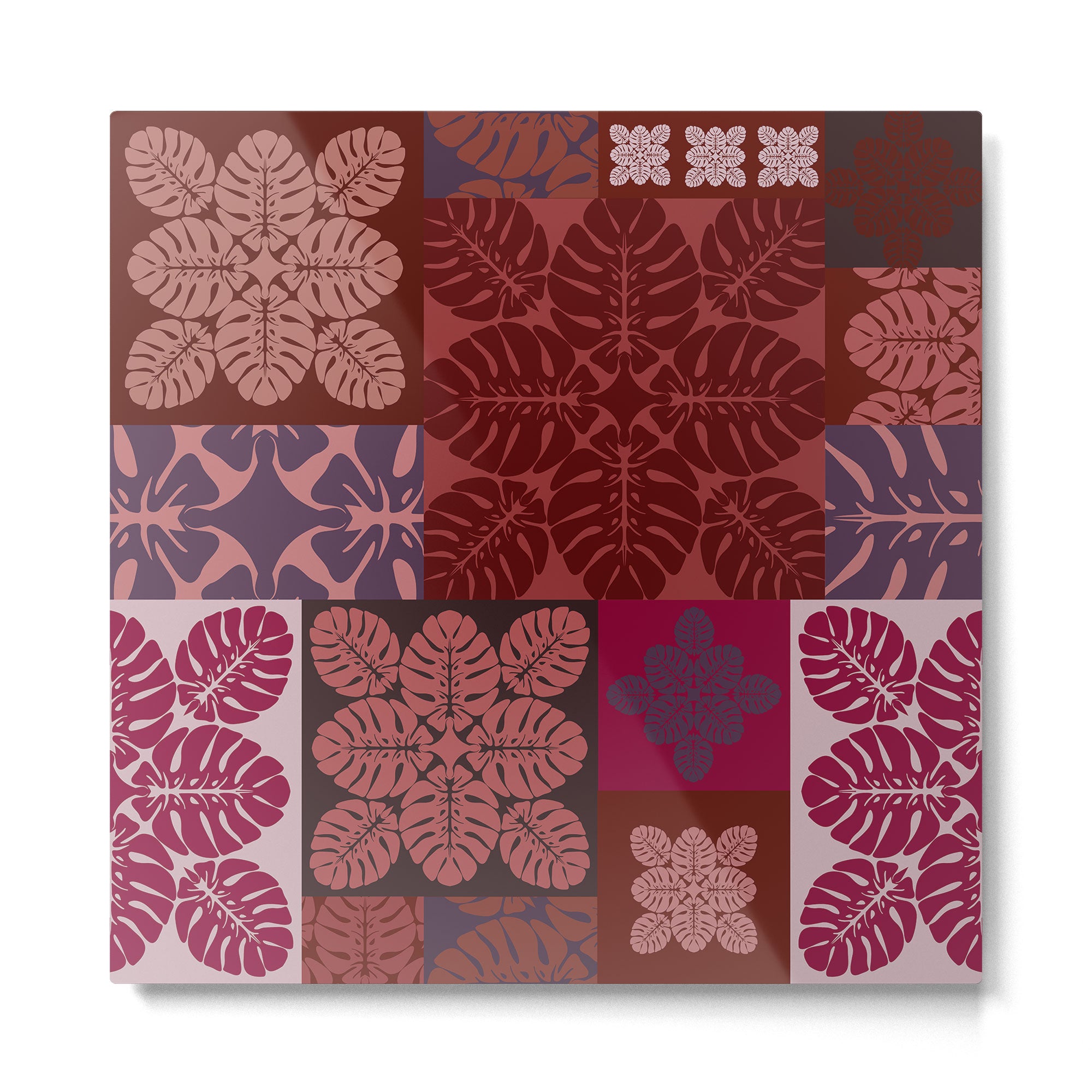 Hawaiian quilt Monstera pattern in maroon Metal Print Gallery Image 2
