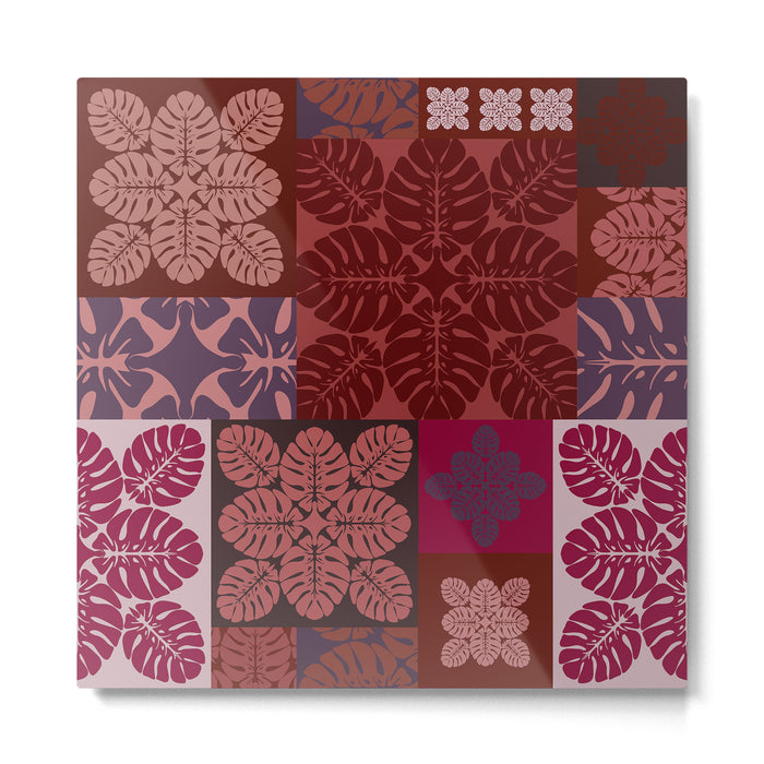 Hawaiian quilt Monstera pattern in maroon Metal Print Gallery Image 1