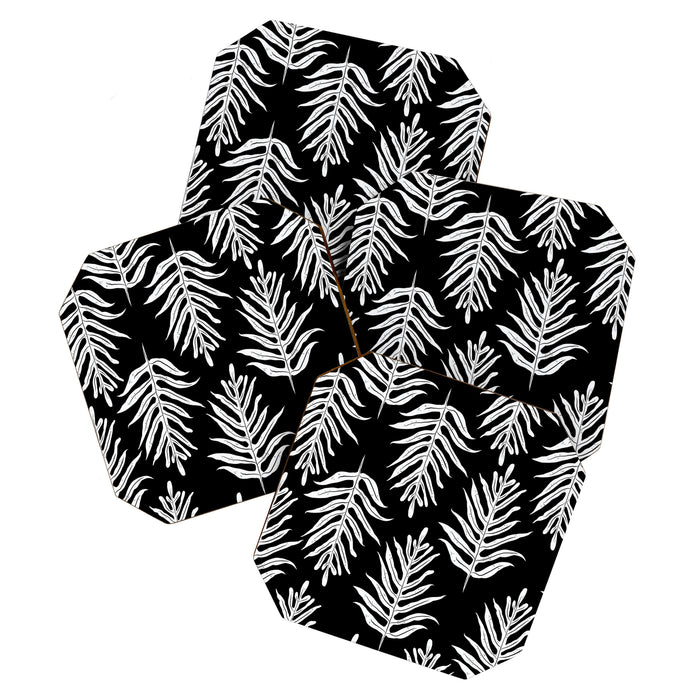 Modern Tropical Lau'ae -Monarch Fern Pattern on Black Coaster Gallery Image 1